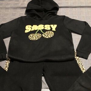 Kids Black 'Sassy' Sweatpants & Hoodie Set with Leopard Cherry